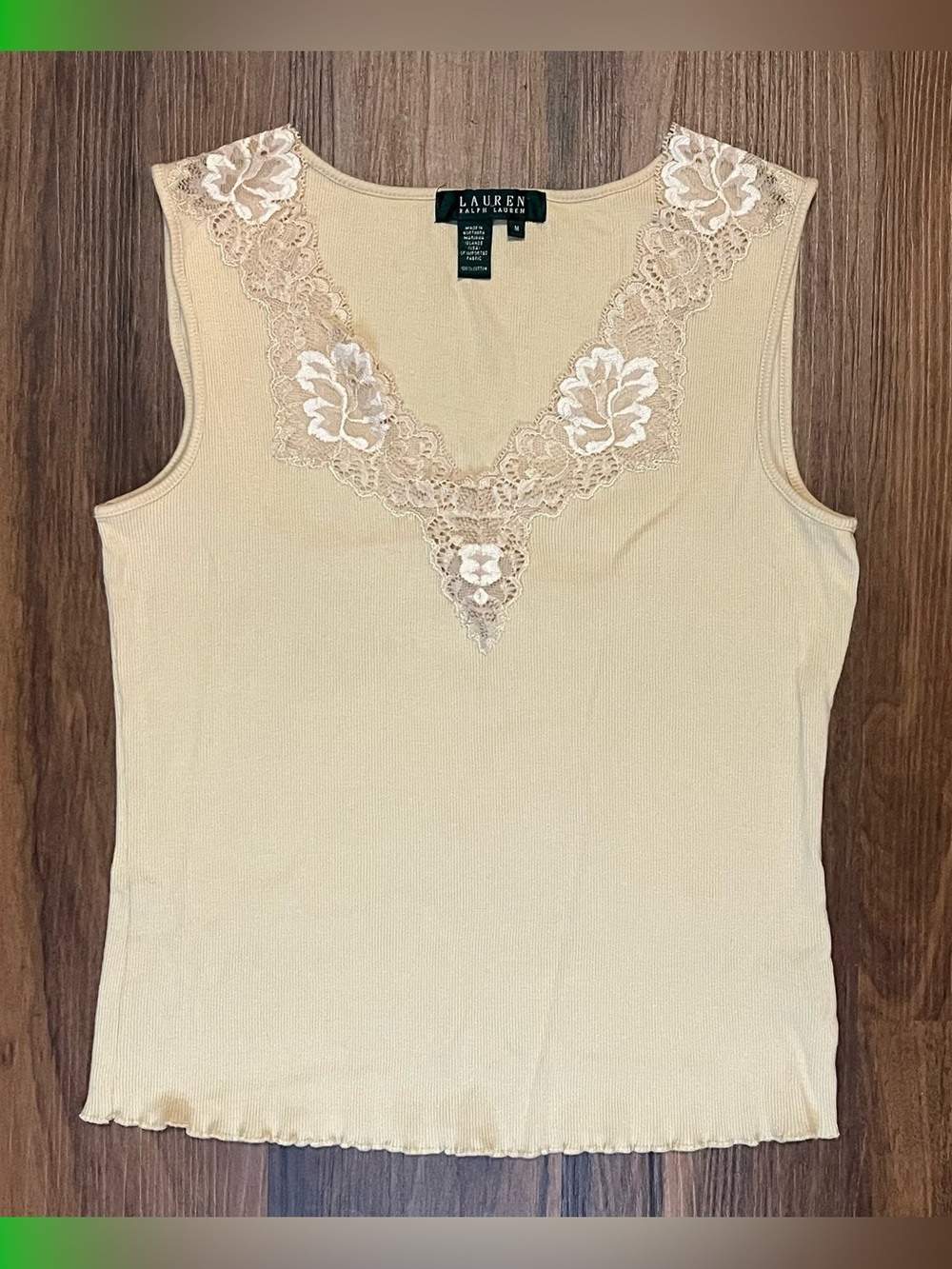 Vintage Y2k Lauren by Ralph Lauren cream tank top with floral lace trim
